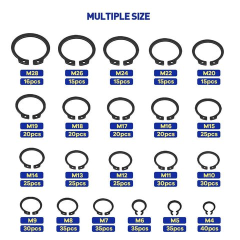 External Circlip Snap Ring Kit 500 Pcs Alloy Steel Snap Ring Assortment Set 21 Sizes M4 To M28 with quantity labels for each size