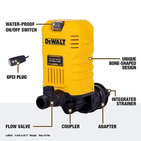 External Pump Accessory For Wet Dry Vacs That Reaches Hard To Reach Areas Dewalt DXVPA101 with switch, strainer, adapters