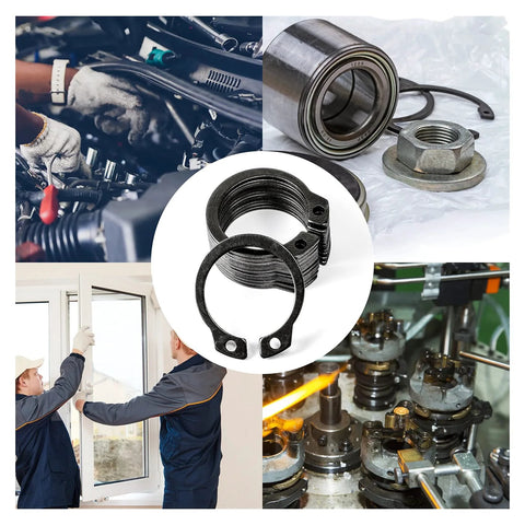 External Retaining Rings Kit Circlip Snap Ring Set for Shafts and Grooves Carbon Steel All In One Assortment, collage of uses.