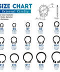 Size chart for external retaining rings kit circlip snap ring set for shafts and grooves with dimensions and sizes