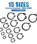 External Retaining Rings Kit Circlip Snap Ring Set for Shafts and Grooves, carbon steel, 15 sizes displayed from 4mm to 28mm