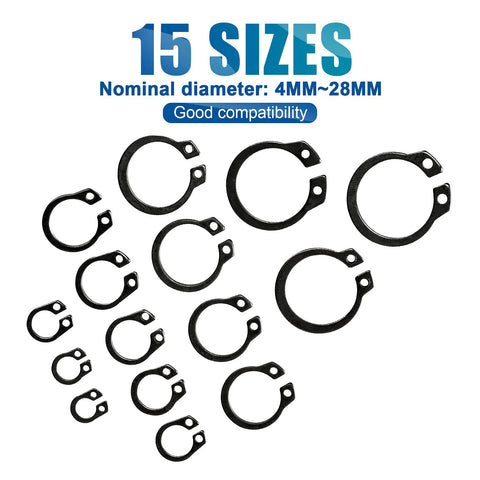 External Retaining Rings Kit Circlip Snap Ring Set for Shafts and Grooves, carbon steel, 15 sizes displayed from 4mm to 28mm
