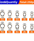 External Retaining Rings Kit size chart for M6 to M15, 250 pieces with measurements in inches and millimeters. NexSync Pro Grade Alloy Steel.