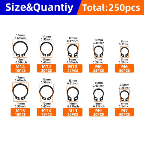 External Retaining Rings Kit size chart for M6 to M15, 250 pieces with measurements in inches and millimeters. NexSync Pro Grade Alloy Steel.