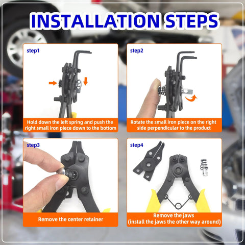 Installation steps for External Retaining Rings Kit with C Clip Set and pliers tools in use.
