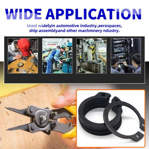External Retaining Rings Kit With 250 Piece C Clip Set shown with tool pliers, black oxide finish rings, and wide application uses.