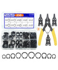 External Retaining Rings Kit With 250 Piece C Clip Set, M8-M20 sizes, pliers with extra jaws, alloy steel, black oxide finish.