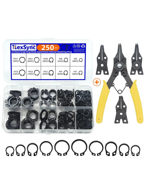 External Retaining Rings Kit With 250 Piece C Clip Set, M8-M20 sizes, pliers with extra jaws, alloy steel, black oxide finish.