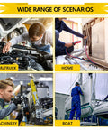 Collage showing applications for External Retaining Rings Set 330-Piece Alloy Steel E-Clip Assortment in cars, home, machinery, boats.