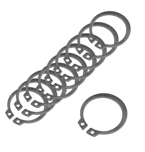 External Snap Retaining Rings Spring Steel Three Sixteenth Inch Diameter Black Oxide Finish Durable Heavy Duty Pack Of Fifteen For Shafts Bearings And More Machinery Automotive Applications, viewed from above, displaying rings spread out.