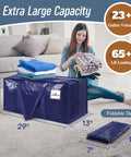 Six Pack Extra Heavy Duty Large Moving Bags With Strong Zipper and Comfortable Handles, displayed with clothes, 23 gallon capacity.