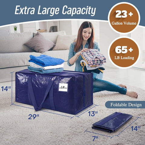 Six Pack Extra Heavy Duty Large Moving Bags With Strong Zipper and Comfortable Handles, displayed with clothes, 23 gallon capacity.