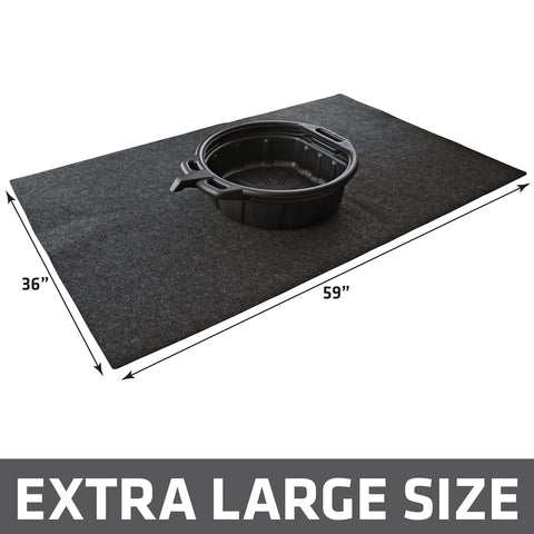 XL Oil Spill Mat For Garage Floors Premium Absorbent Oil Pad Reusable And Washable Durable With Waterproof Backing To Contain Liquids And Protect Concrete Surfaces From Stains Large 36 By 59 Inches USA Made shown with dimensions and oil container