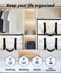 8 Pack Extra Large Heavy Duty Moving Bags Clear Storage Bins With Lids Reinforced Handles And Heavy Duty Zippers For Clothes Packing Dorms College Supplies Storage Totes Transparent, shown filled with clothing and bedding in a closet.