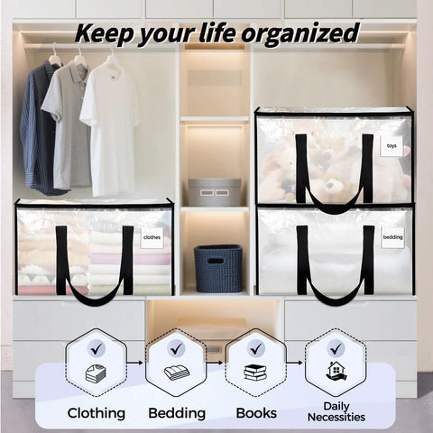 8 Pack Extra Large Heavy Duty Moving Bags Clear Storage Bins With Lids Reinforced Handles And Heavy Duty Zippers For Clothes Packing Dorms College Supplies Storage Totes Transparent, shown filled with clothing and bedding in a closet.