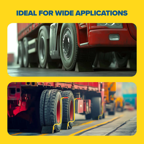 Extra Large Wheel Chock With Handle For Trucks, Trailers, And RVs, Heavy Duty Molded Rubber Safety Block, shown installed under truck tires