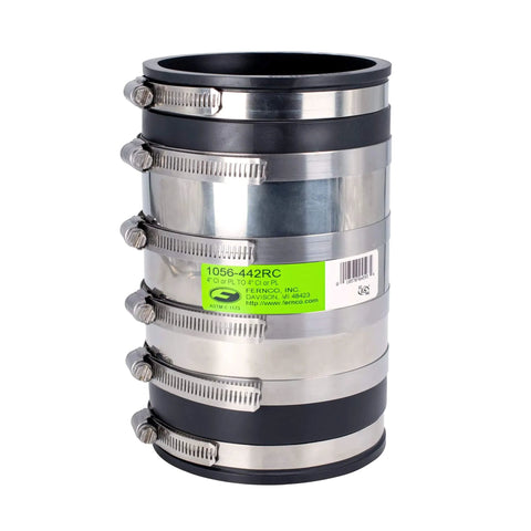 XL Shielded Flexible Pipe Coupling For Below Ground Install Extra Long 7.85 Inch Body Fits Outside Diameter 4.10 To 4.65 Inches Compatible With Cast Iron PVC Lead Steel DWV Sewer Drain