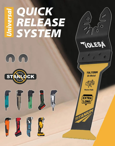 TOLESA 16pcs Extra-Long Titanium Oscillating Saw Blades Multi-Purpose Set for Metal, Wood, Plastic with quick release system