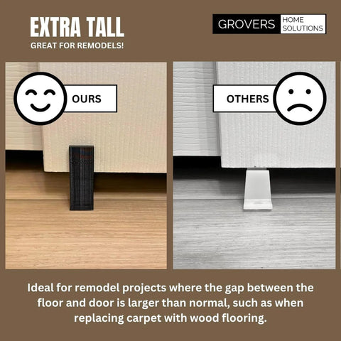 Adjustable Height Universal Sliding Closet Door Floor Guide Bracket Black For 1 3/8 Inch Door Thickness With Exclusive Easy Snap Notches comparison image showing gap solutions.