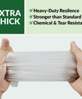 Hands stretching Heavy Duty Vinyl Gloves Latex Free Powder Free Medium Size 100 Count Food Safe, highlighting extra thickness.