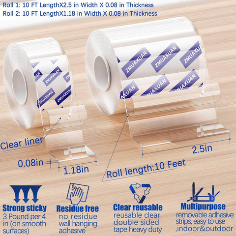 Extra Wide Double Sided Mounting Tape Heavy Duty Clear Adhesive Strips Removable For Pictures Frames Hangers Posters Carpets And More Nano Tape Sticky Tack 20 Feet Total 2 Pack displayed with dimensions and features