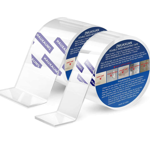 Front view of Extra Wide Double Sided Mounting Tape Heavy Duty Clear Adhesive Strips Removable For Pictures Frames Hangers Posters Carpets And More Nano Tape Sticky Tack 20 Feet Total 2 Pack