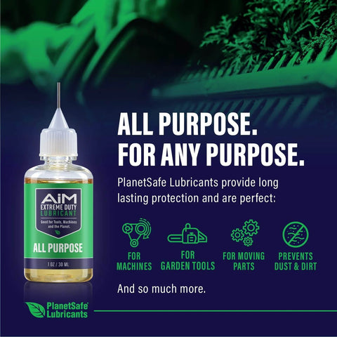 Eco Friendly Hedge Trimmer Oil For Blades 1 Oz Plus 4 Oz Spray And Cleaner For Tools Non Toxic Resin Solvent Made In The USA For Your Green Thumb And Mini Chainsaw Maintenance. All Purpose lubricant bottle with garden tools icons and benefits.