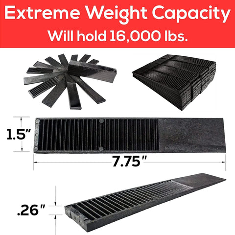 Pro Grade Composite Shims For Heavy Duty Leveling 24 Pack 7.75 Inch Never Rot Easy Snap Level Wedges, shown with size dimensions.
