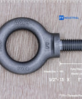 Close-up of Two Pack 1/2-13 Eye Bolts Lifting Eyebolts Heavy Duty Industrial Grade For Hoisting And Rigging, Carbon Steel 1035, one bolt