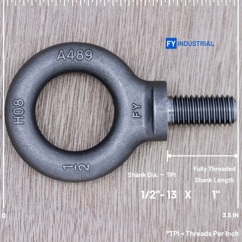 Close-up of Two Pack 1/2-13 Eye Bolts Lifting Eyebolts Heavy Duty Industrial Grade For Hoisting And Rigging, Carbon Steel 1035, one bolt