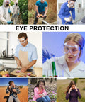 Collage of people wearing ANSI Z87.1 Anti Fog Safety Goggles for lab and industrial eye protection in various settings.