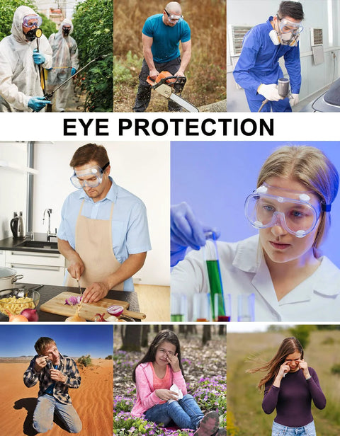 Collage of people wearing ANSI Z87.1 Anti Fog Safety Goggles for lab and industrial eye protection in various settings.