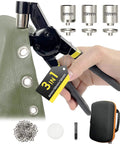 Hand holding grommet tool with interchangeable 6mm, 10mm, 12mm heads, demonstrating usage on fabric with eyelets and packed accessories.