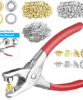 Eyelet pliers kit with red handle, assorted eyelets, user manual, and pen tool