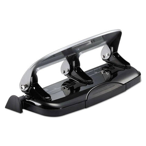 EZ Squeeze 3 Hole Punch 20 Sheet Capacity No Jam Technology Reduced Effort Metal Body Integrated Ruler, side view