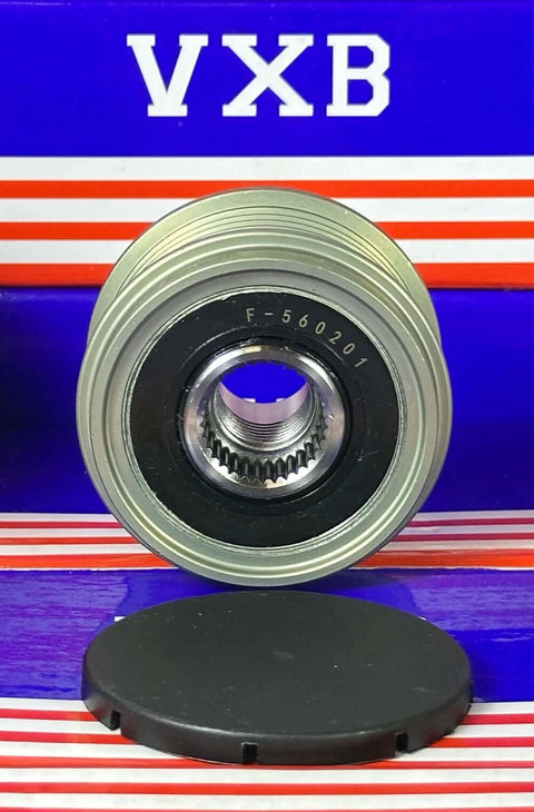 Front view of F-560201 Alternator Pulley for Hyundai SANTA FE II (CM) with one-way clutch on striped display background.