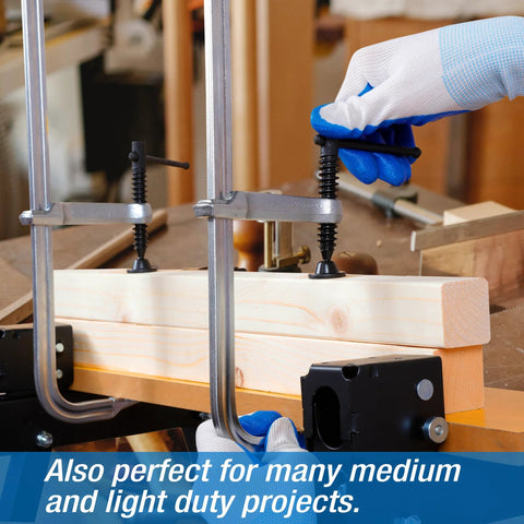 Four Pack 12 Inch Light-Duty F Clamps with drop forged steel construction, 450 lb clamping power, used on wood for secure hold.