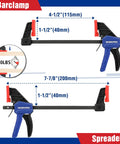 Eight Piece Clamp Set For Woodworking With Four 4-1/2 Inch Mini Bar Clamps, Two 6-1/2 Inch Spring Clamps, And Two 4-1/2 Inch Spring Clamps, Bang For Your Buck Light Duty Quick Change Clamp Spreader With 50 Lbs Load Limit shown with measurement details