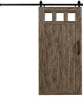 Weathered Grey PVC Barn Door With Window Transom, 42 Wide X 84 High, Ready To Assemble Kit With Black Track And Rolling Brackets