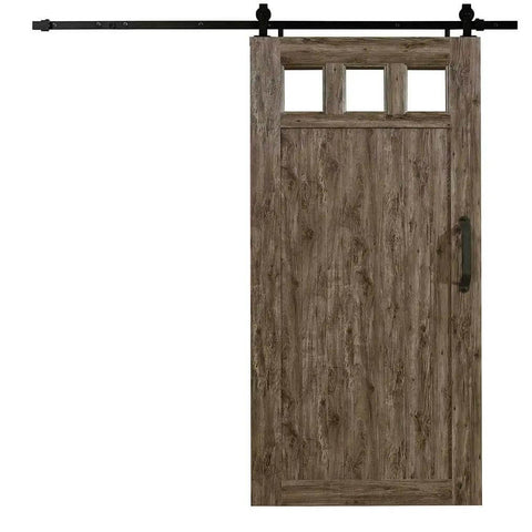 Weathered Grey PVC Barn Door With Window Transom, 42 Wide X 84 High, Ready To Assemble Kit With Black Track And Rolling Brackets