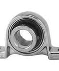 Front view of Single MUP005 25mm Pillow Block Bearing, Stainless Steel Ball Insert, Eccentric Locking Collar, ZDC Alloy Housing.