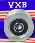 F-552386 Alternator Freewheel Clutch Pulley on VXB packaging, front view showing grooved edges and internal splines, fits Nissan models.