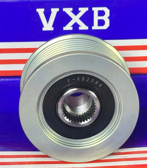 F-552386 Alternator Freewheel Clutch Pulley on VXB packaging, front view showing grooved edges and internal splines, fits Nissan models.