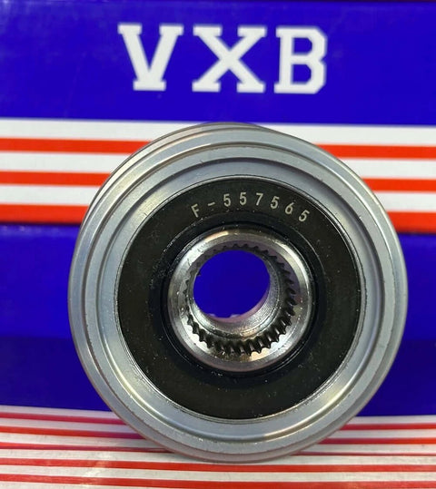 F‑557565 Alternator Freewheel Pulley 5 Groove, 55 mm OD 535016110, front view with VXB packaging in background