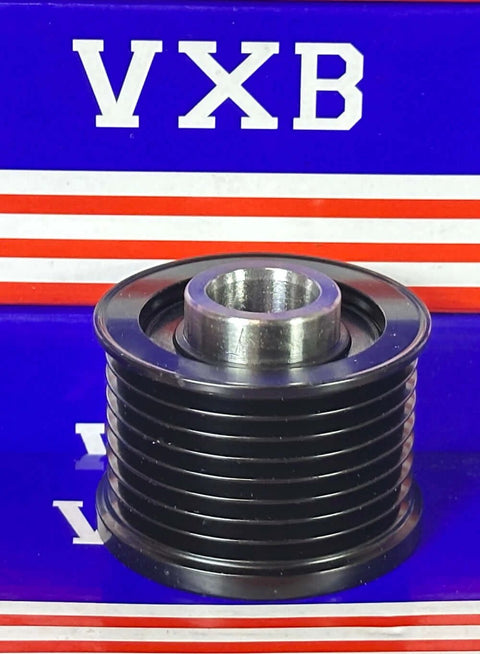 F558553 Alternator freewheel pulley for BMW JEEP CHRYSLER, black metal with grooved design, front view