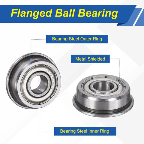 Diagram of F605ZZ Flanged Ball Bearings 5x14x5mm Double Shielded Chrome Steel Deep Groove ABEC 5 with labels of steel outer and inner ring.