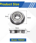 F605ZZ Flanged Ball Bearings, 5x14x5mm, chrome steel, double shielded, top and side view, 16mm flange, for precision machines and DIY projects.