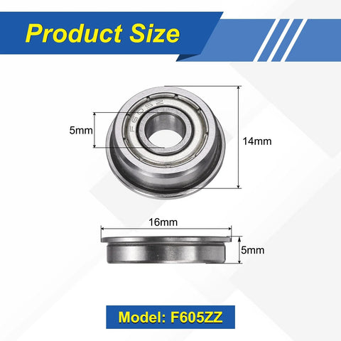 F605ZZ Flanged Ball Bearings, 5x14x5mm, chrome steel, double shielded, top and side view, 16mm flange, for precision machines and DIY projects.