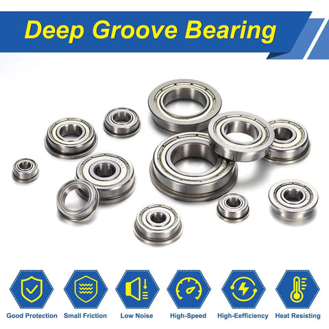 Assorted F605ZZ Flanged Ball Bearings 5x14x5mm Double Shielded Chrome Steel Deep Groove ABEC 5 10 Pack arranged on surface