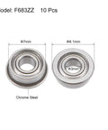 F683ZZ Flanged Ball Bearing 3x7x3mm Shielded Chrome Steel with 8.1mm flange, 10 pack, close-up view showing dimensions and material.